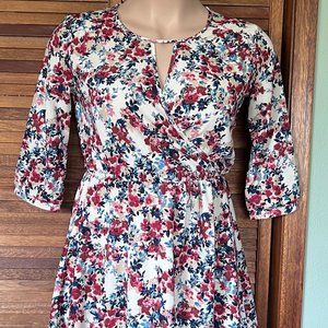 Lush women's dress-short length-3/4 sleeves-blue & pink floral-Medium